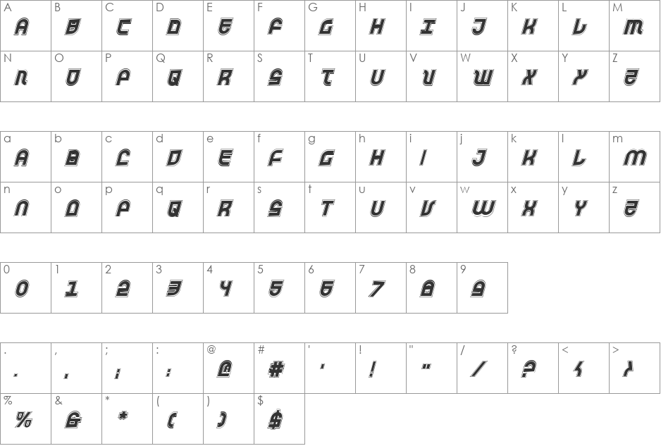Trek Trooper Academy Italic font character map preview