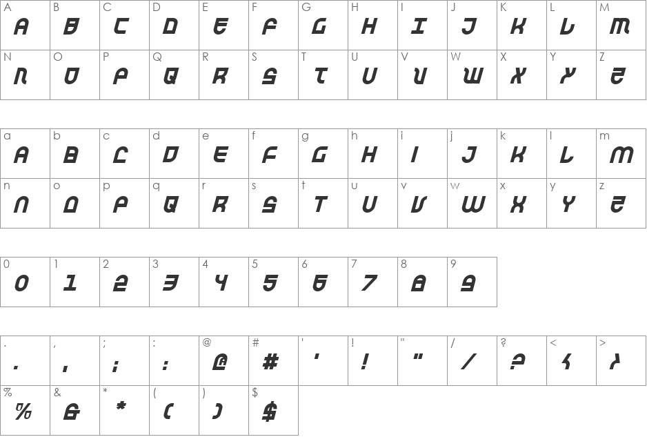 Trek Trooper Italic font character map preview