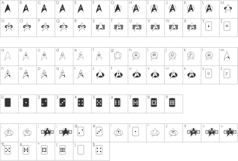 TrekArrowheads font character map preview