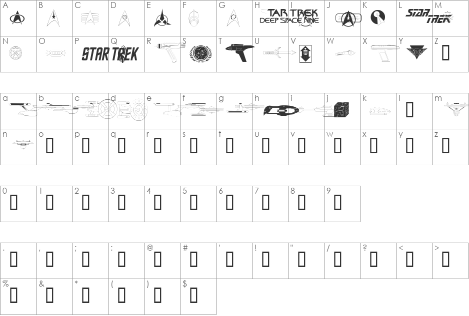 Trekbats font character map preview
