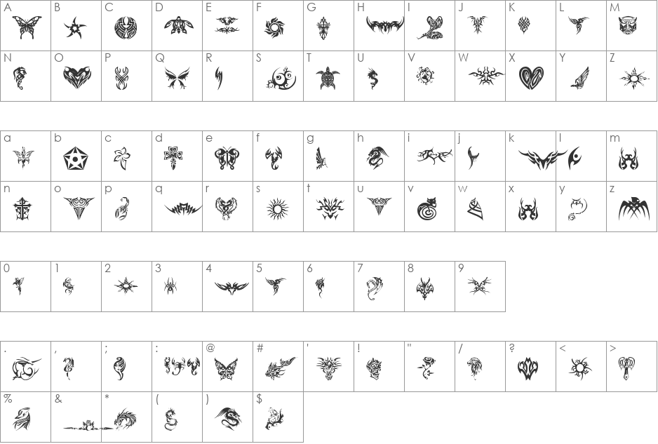 tribal tattoo font character map preview
