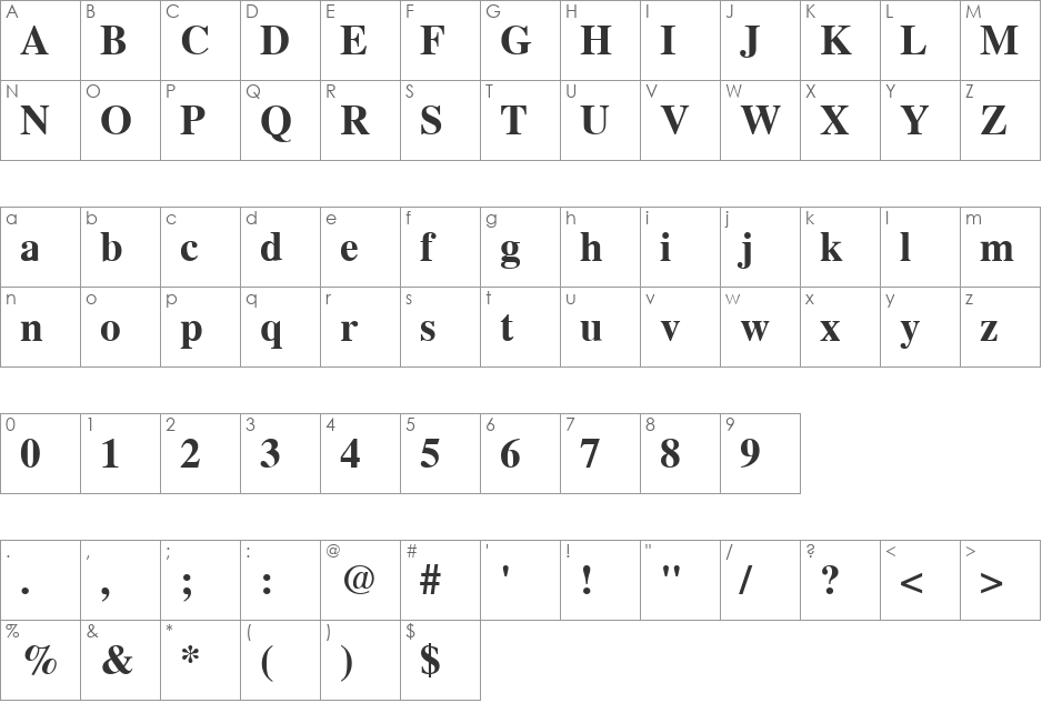 Tribune font character map preview