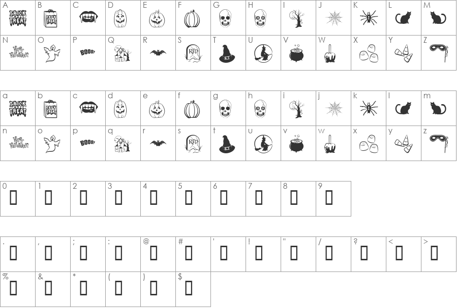 Trick or Treat BV font character map preview