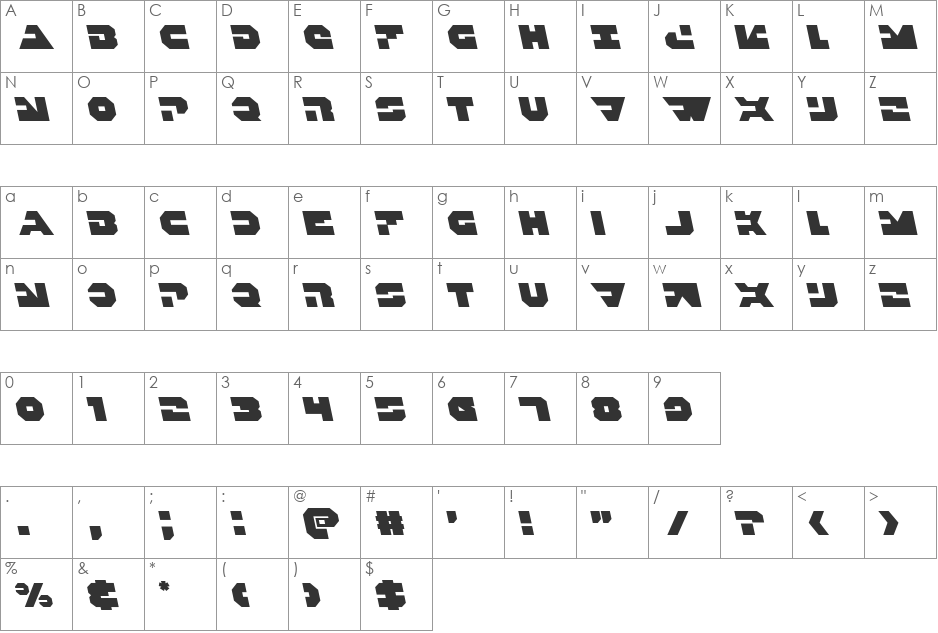 Trigger Man Leftalic font character map preview
