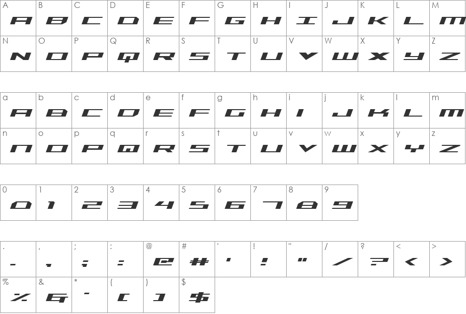 Trireme Italic font character map preview
