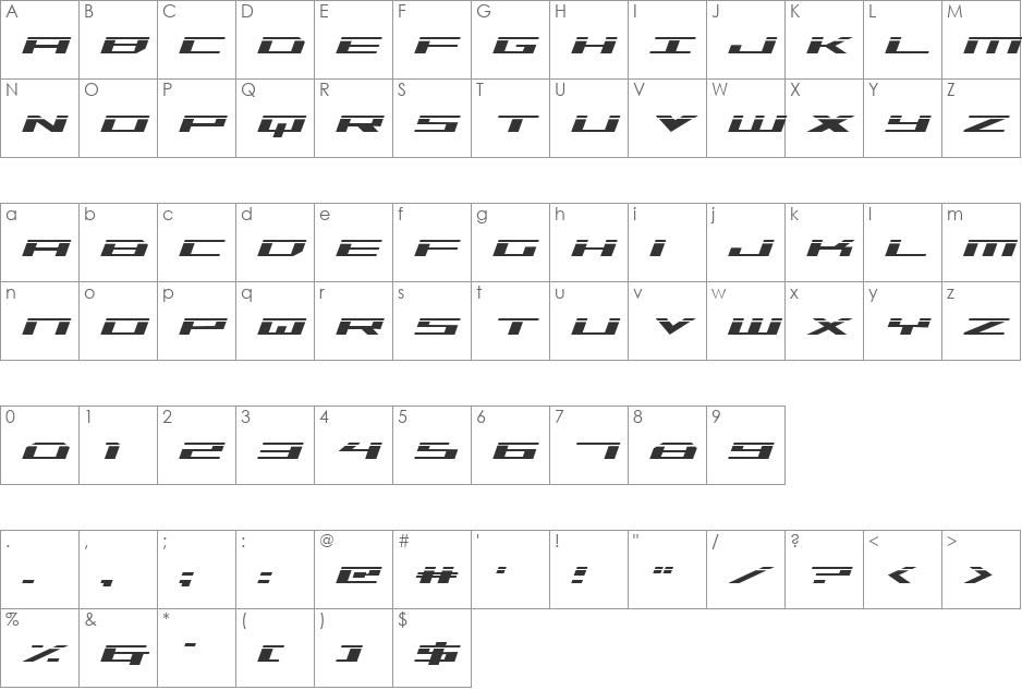 Trireme Laser Italic font character map preview