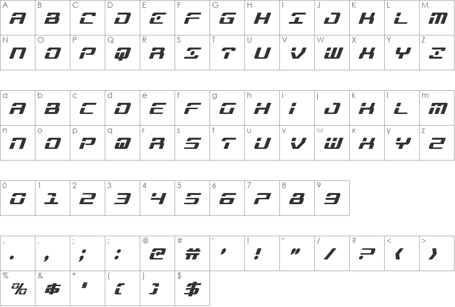 Troopers Condensed Italic font character map preview