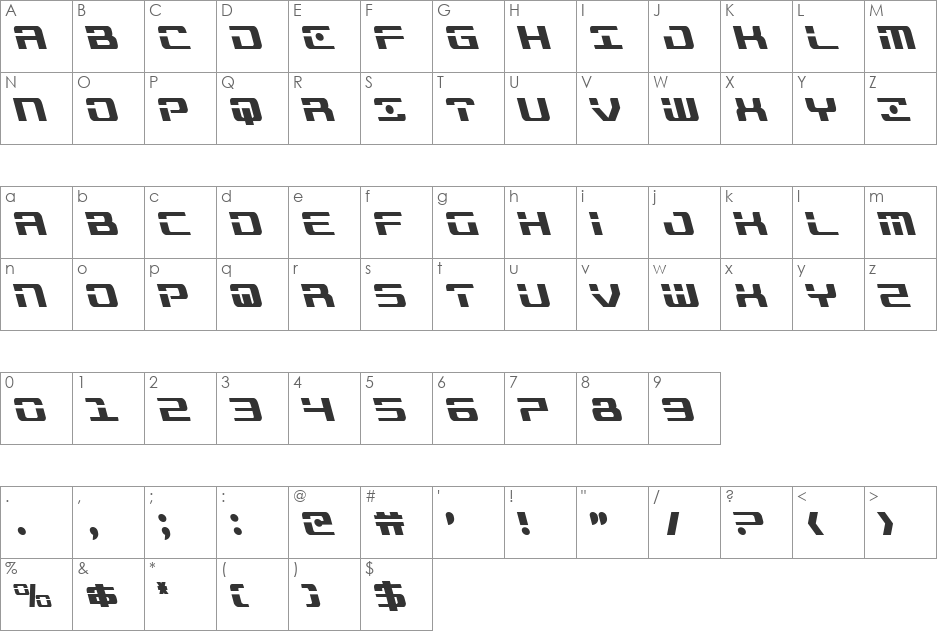 Troopers Condensed Leftalic font character map preview