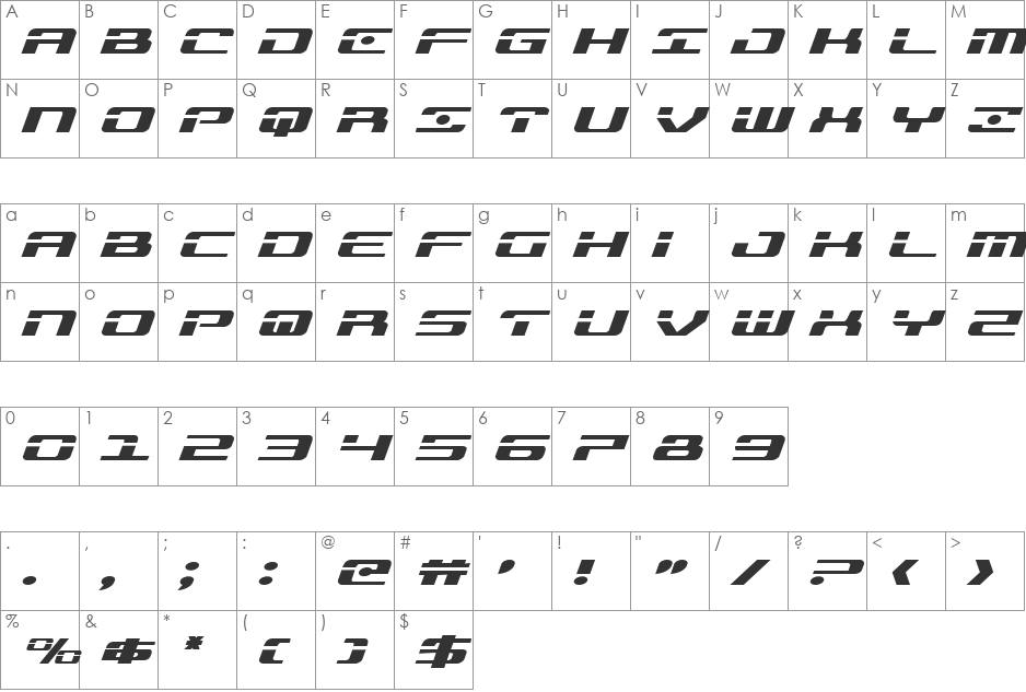 Troopers Expanded Italic font character map preview