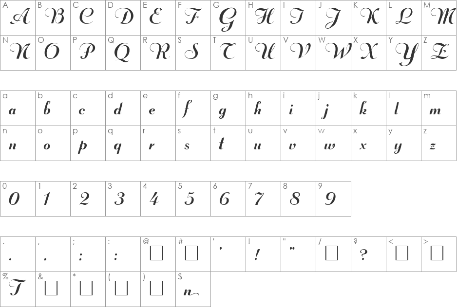 Troubadour Plain font character map preview