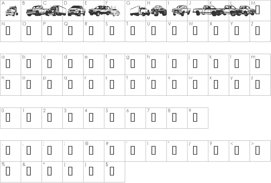 Trucks for Judy S font character map preview