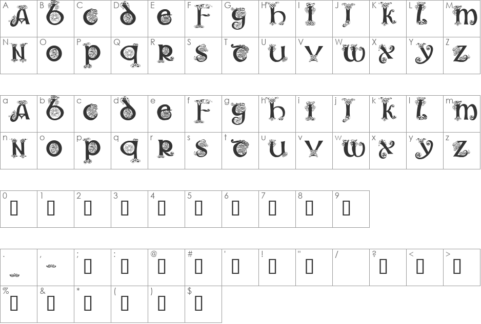 Trueheart font character map preview