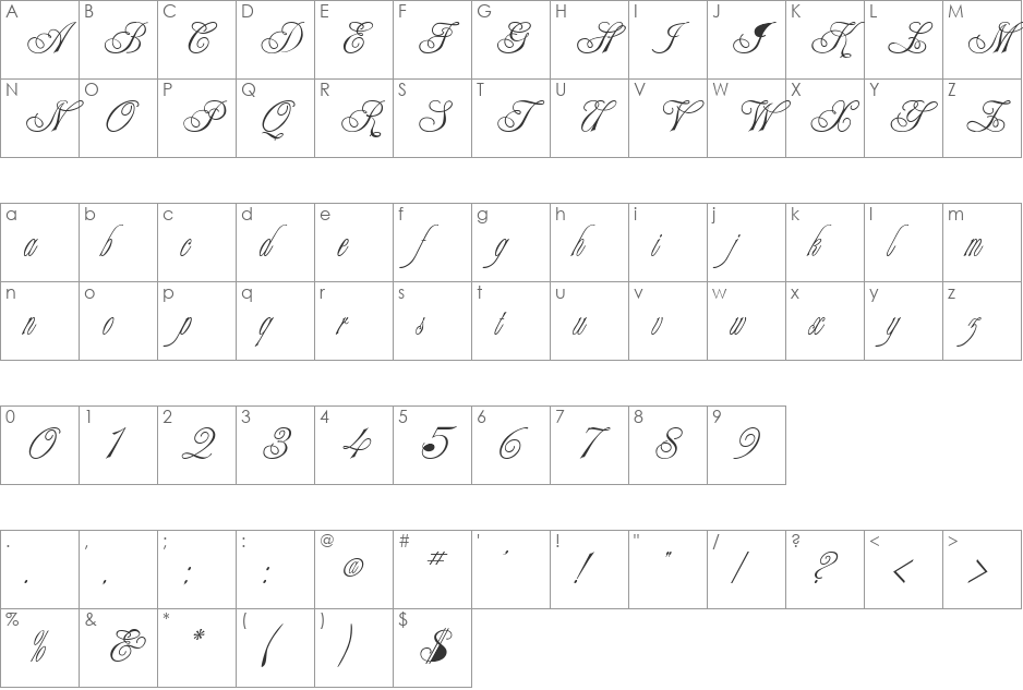 Tsarine Anastasia Script font character map preview