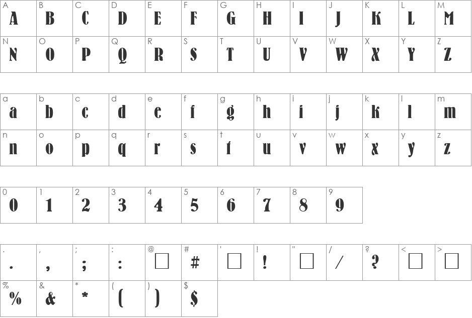 Bernhard font character map preview