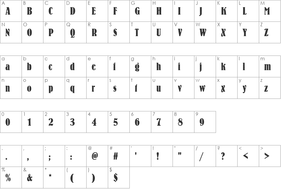 Bernhard Antique font character map preview