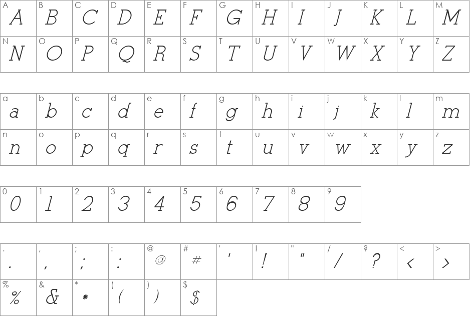 Tulane-Italic font character map preview