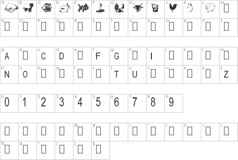 tungfont zodiac 5 font character map preview
