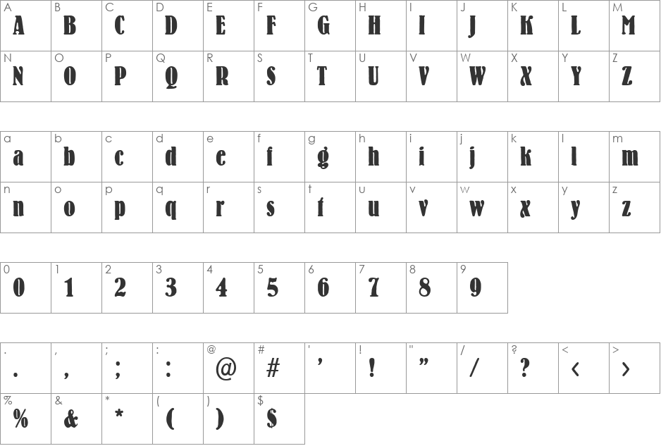 BernhardCondensed font character map preview
