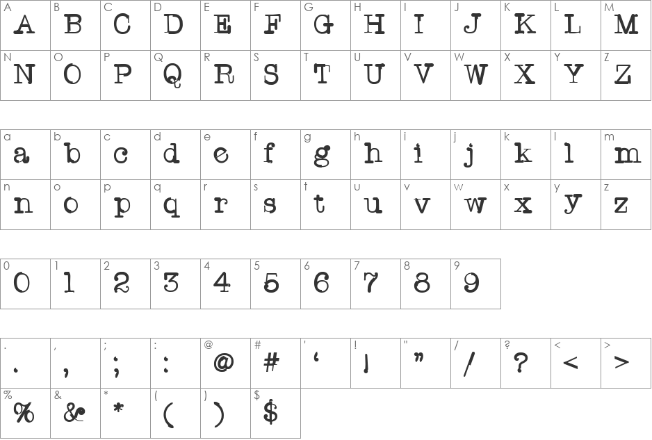TWriterTwo font character map preview