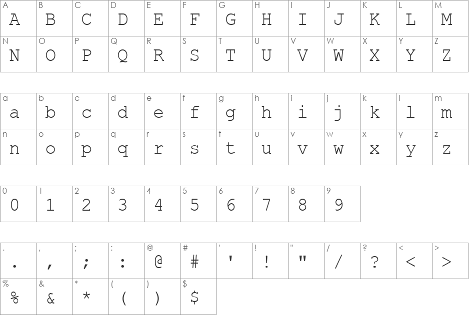 Type Writer font character map preview