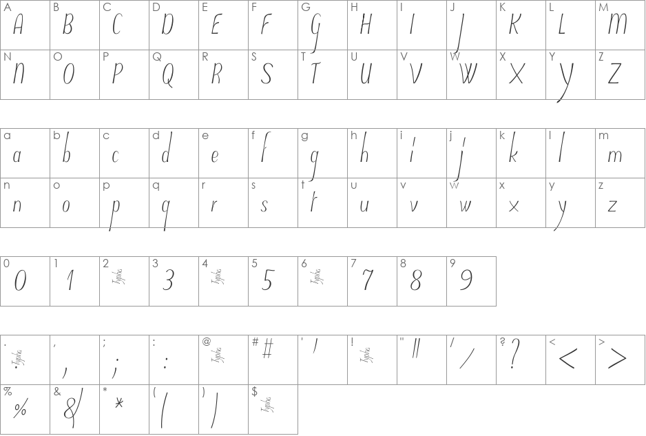 Typha Var05Demo font character map preview