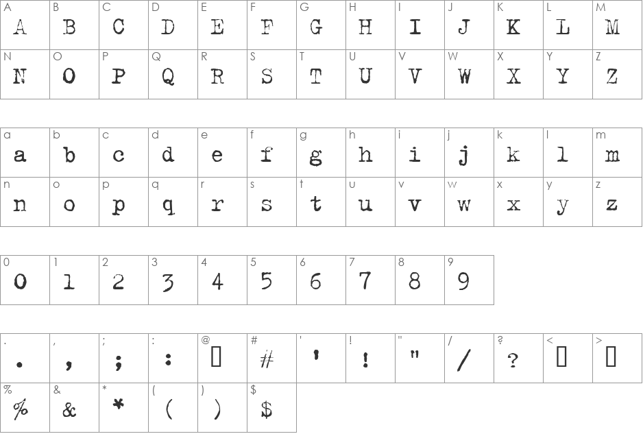 Typical Writer font character map preview