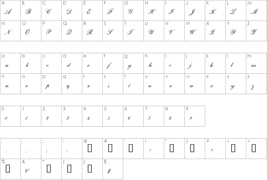 Typo Script font character map preview