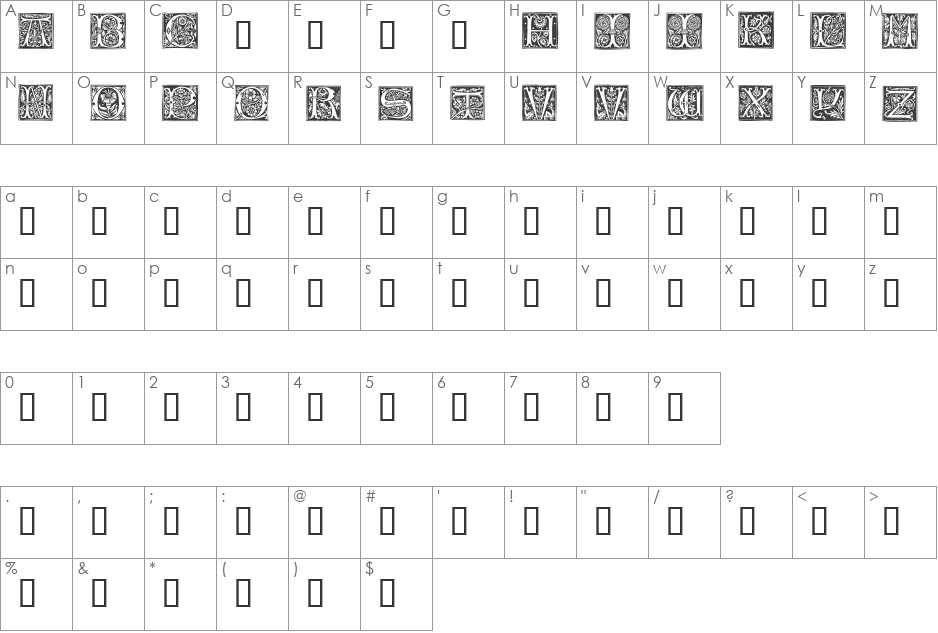 TypographerWoodcutInitialsTwo font character map preview