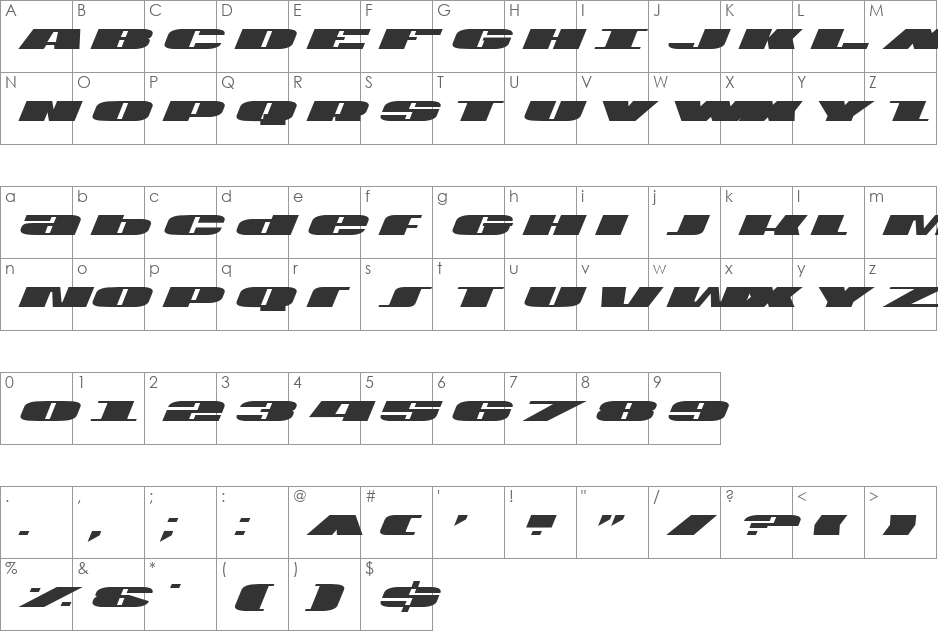 U.S.A. Italic font character map preview