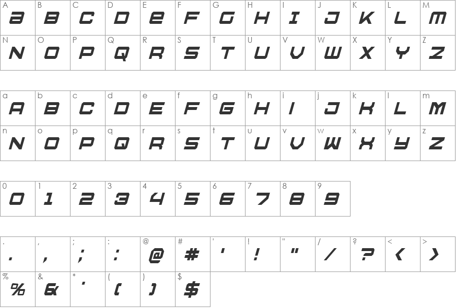 U.S.S. Dallas Condensed Italic font character map preview