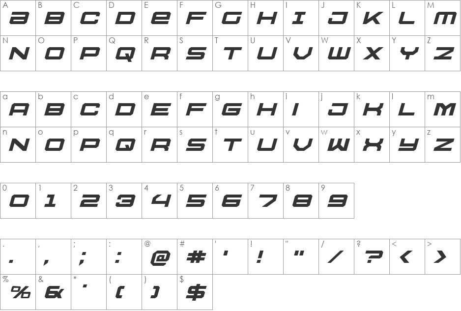 U.S.S. Dallas Light Italic font character map preview
