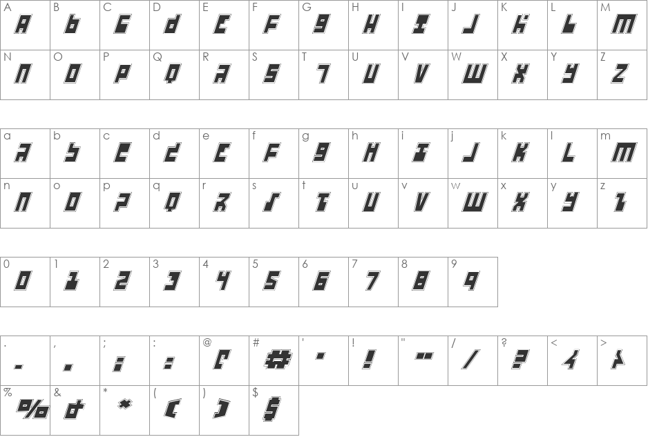 UFO Hunter Academy Italic font character map preview