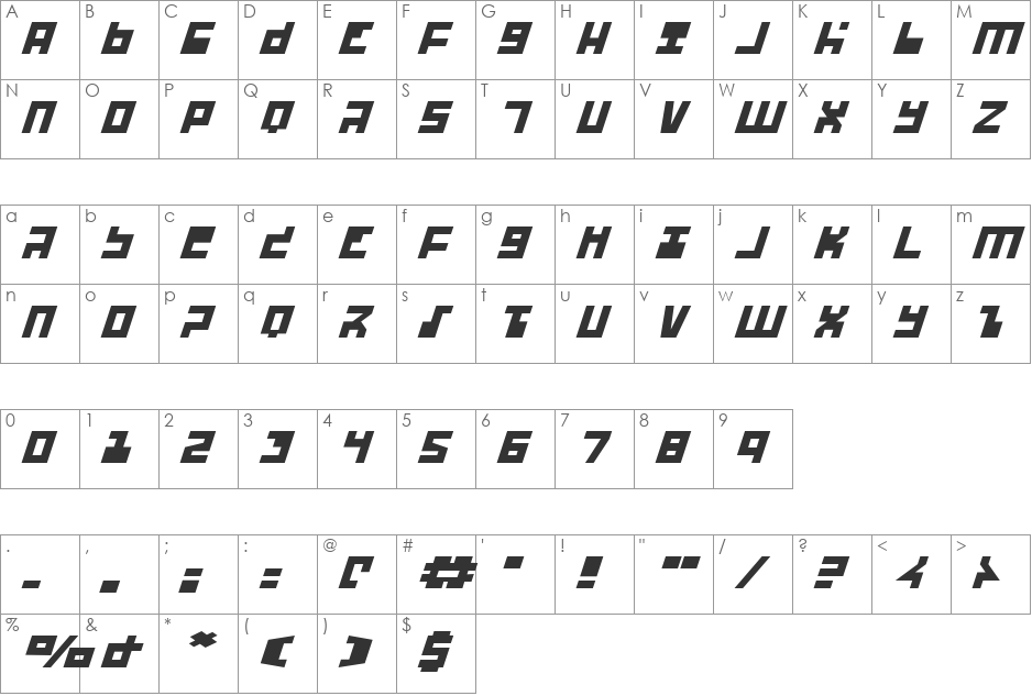 UFO Hunter Expanded Italic font character map preview