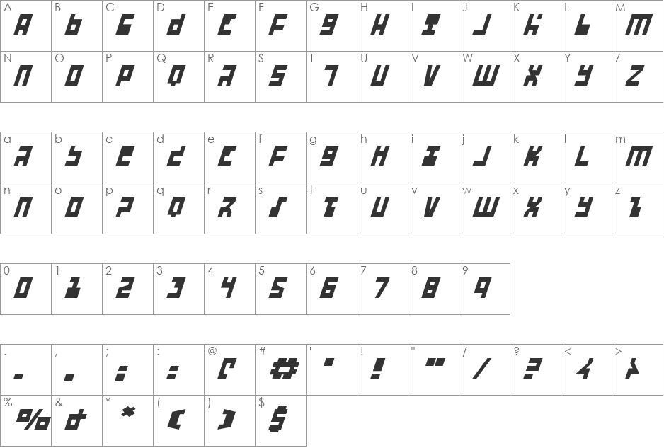 UFO Hunter Italic font character map preview