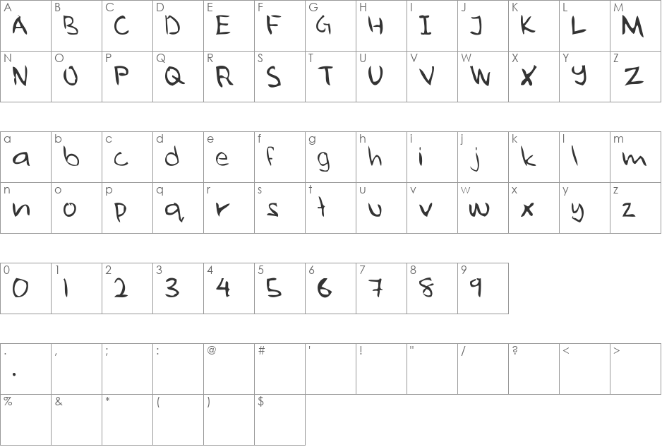 ugly hand writing font character map preview
