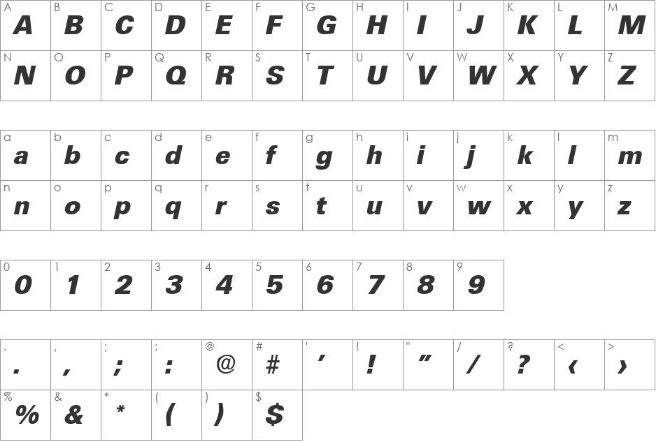 Ultimate-BoldIta font character map preview
