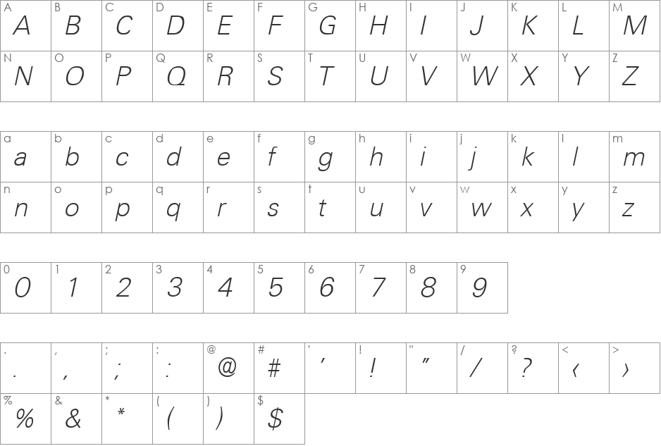 Ultimate-XlightIta font character map preview
