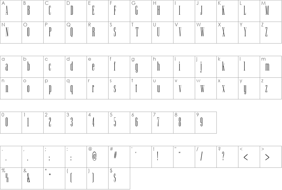 Ultra Condensed Serif font character map preview