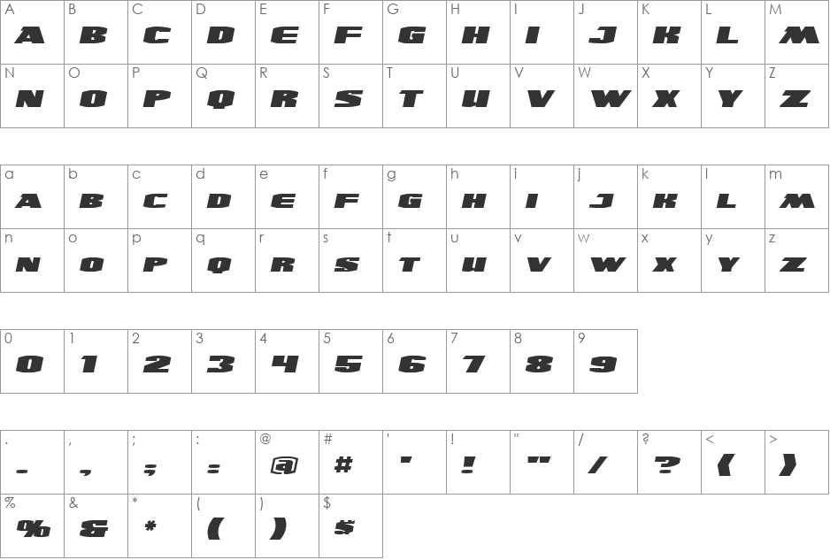 UltraViolent BB font character map preview