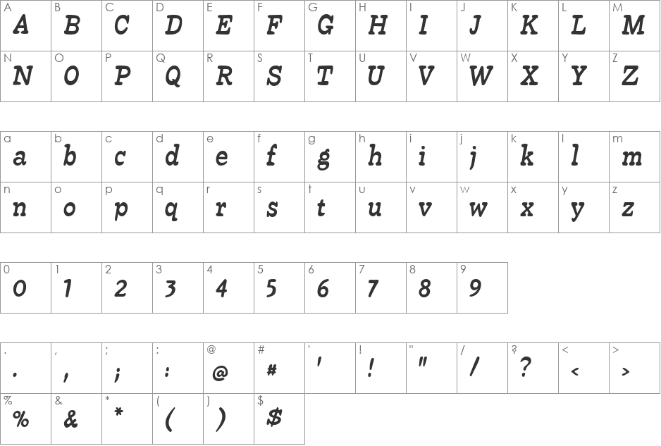 Beta54 font character map preview