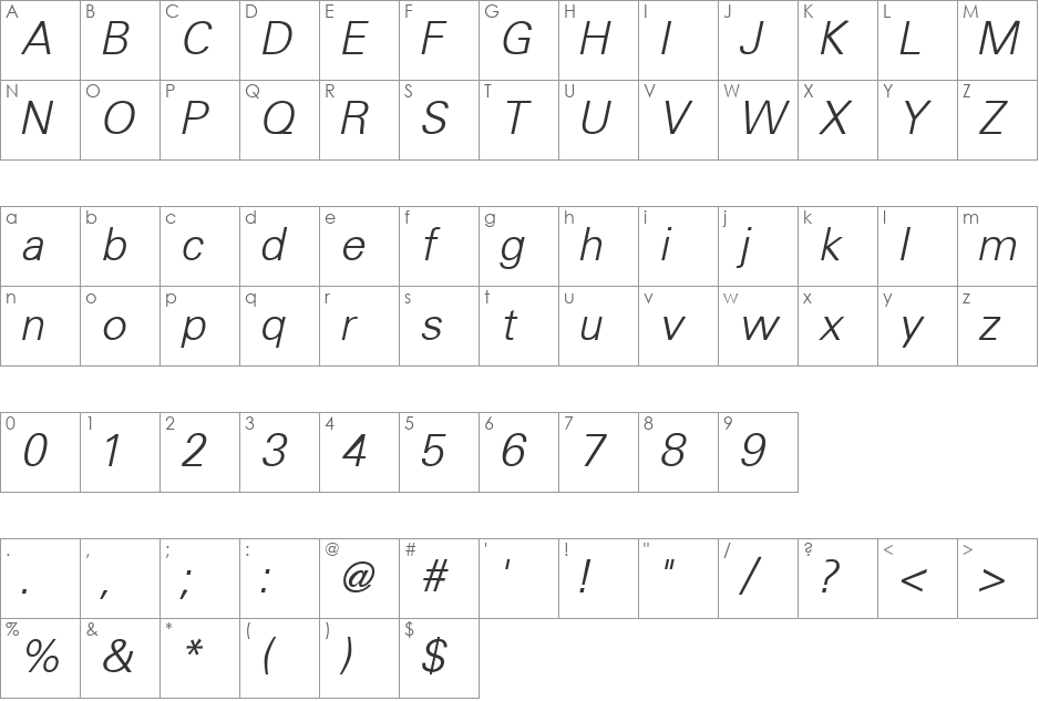 Uniform Light font character map preview