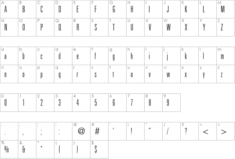 UnitusNarrowTwo DB font character map preview