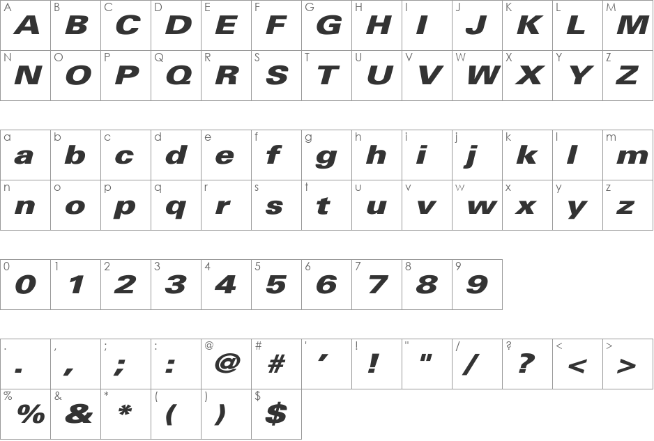 Univers-Black-Italic Wd font character map preview