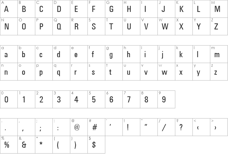 Universal Condensed font character map preview