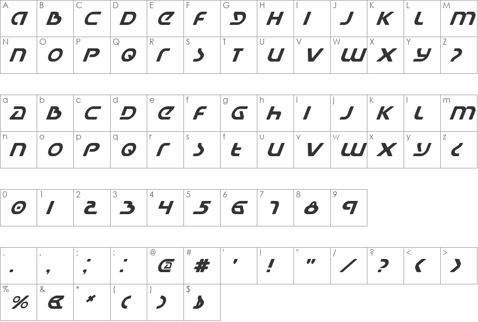 Universal Jack Italic font character map preview
