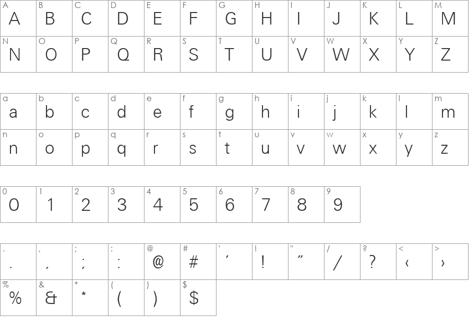 Universal Light font character map preview