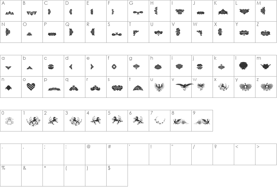 Unpublished Ornaments font character map preview