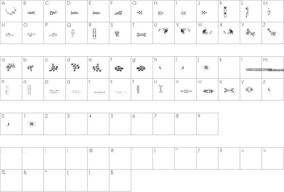 Unpublished Ornaments Two font character map preview