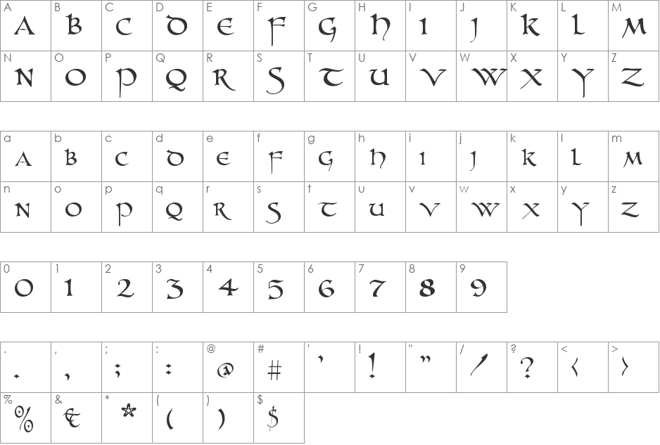 UnZialish font character map preview