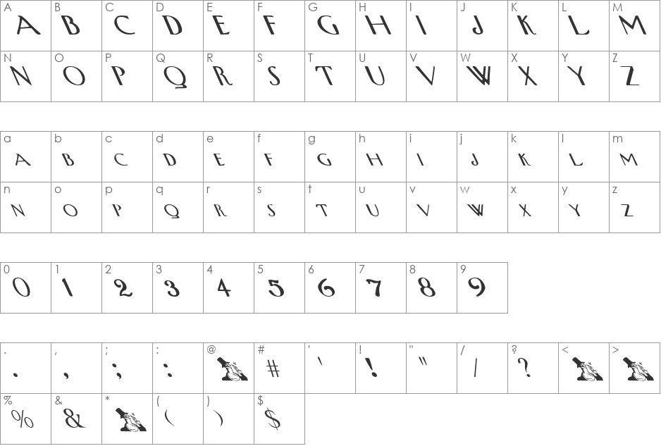 Upp West Extreme Leftis font character map preview